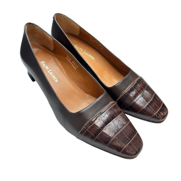VTG Ralph Lauren Womens Brown Croc Embossed Block Heel Pump Size 7 Made in Spain - Picture 11 of 13